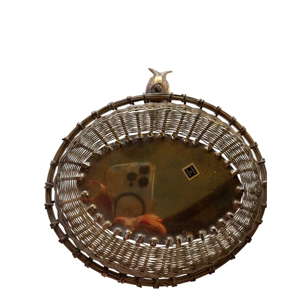 Vintage Brass Wire Basket with Bird Figurine Oval Decorative Bowl Made in India